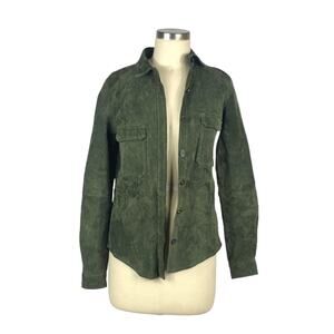 ZARA Button Down Top Green Suede Long Sleeve Pig Leather Women's Size Small